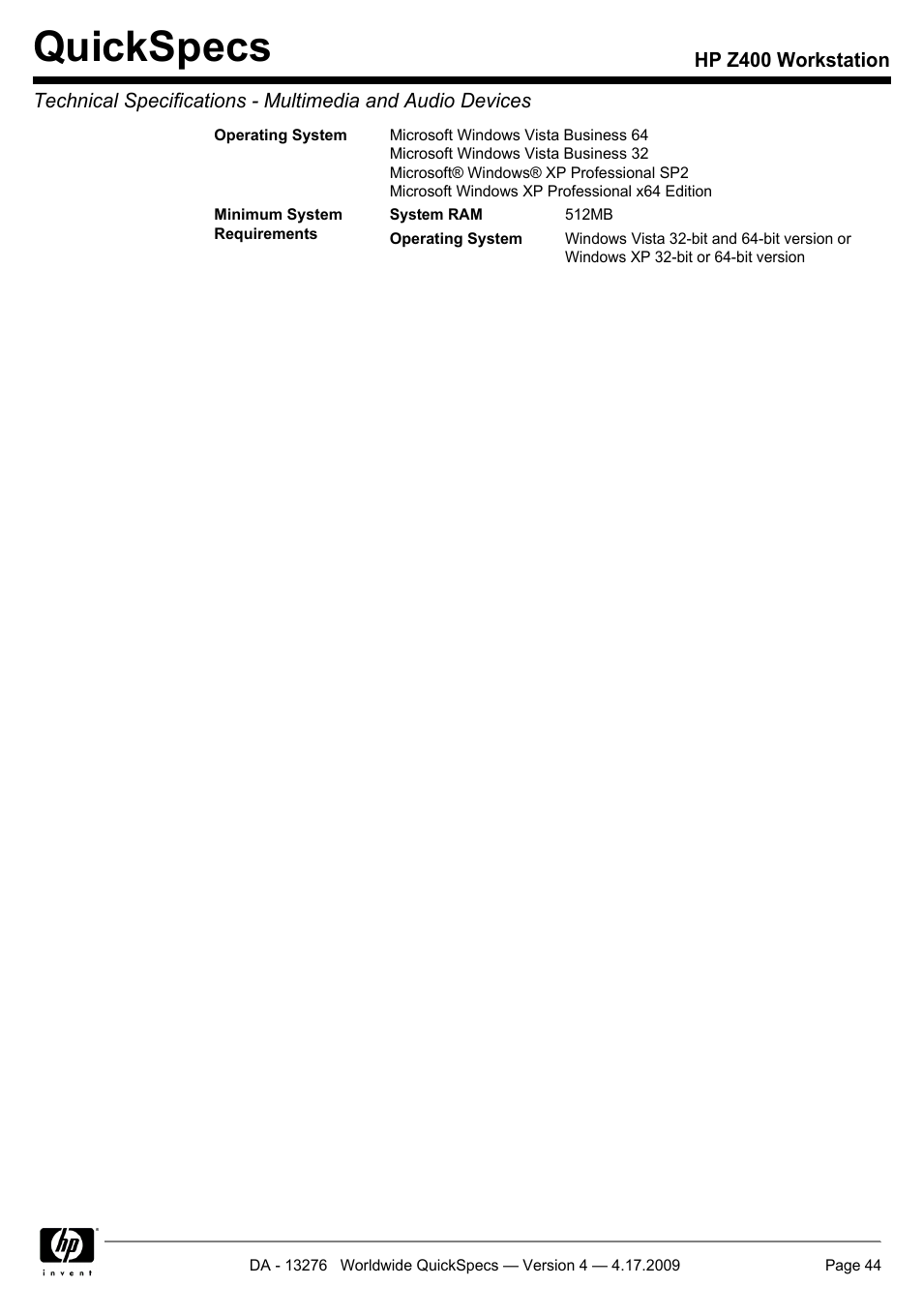 Quickspecs | HP WORKSTATION Z400 User Manual | Page 44 / 53