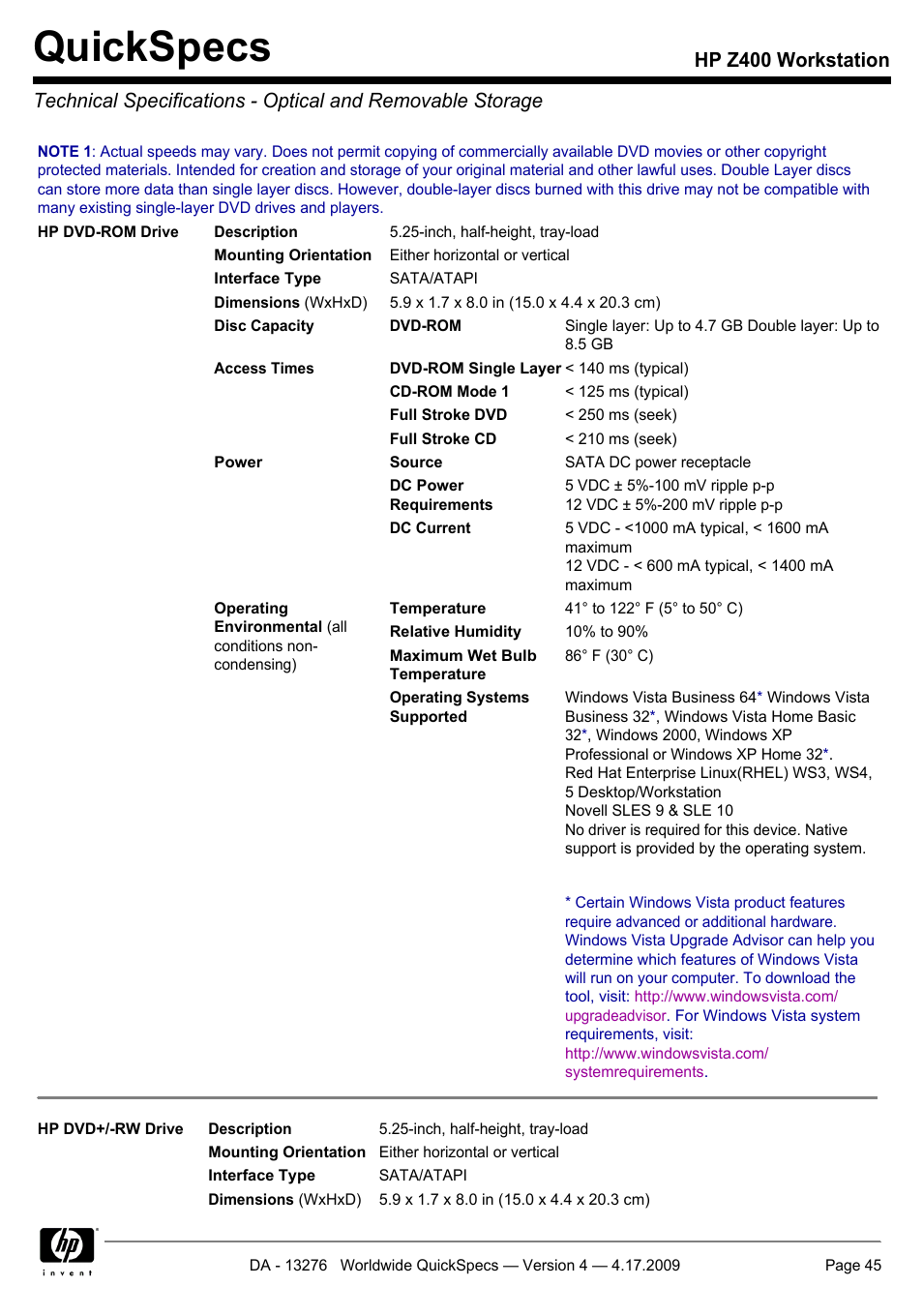 Quickspecs | HP WORKSTATION Z400 User Manual | Page 45 / 53