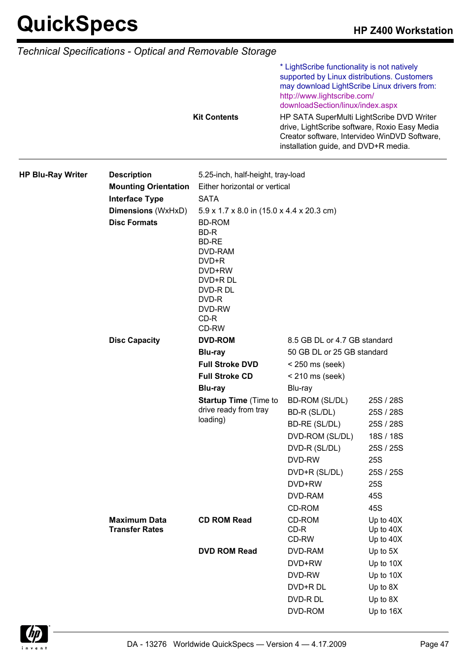 Quickspecs | HP WORKSTATION Z400 User Manual | Page 47 / 53