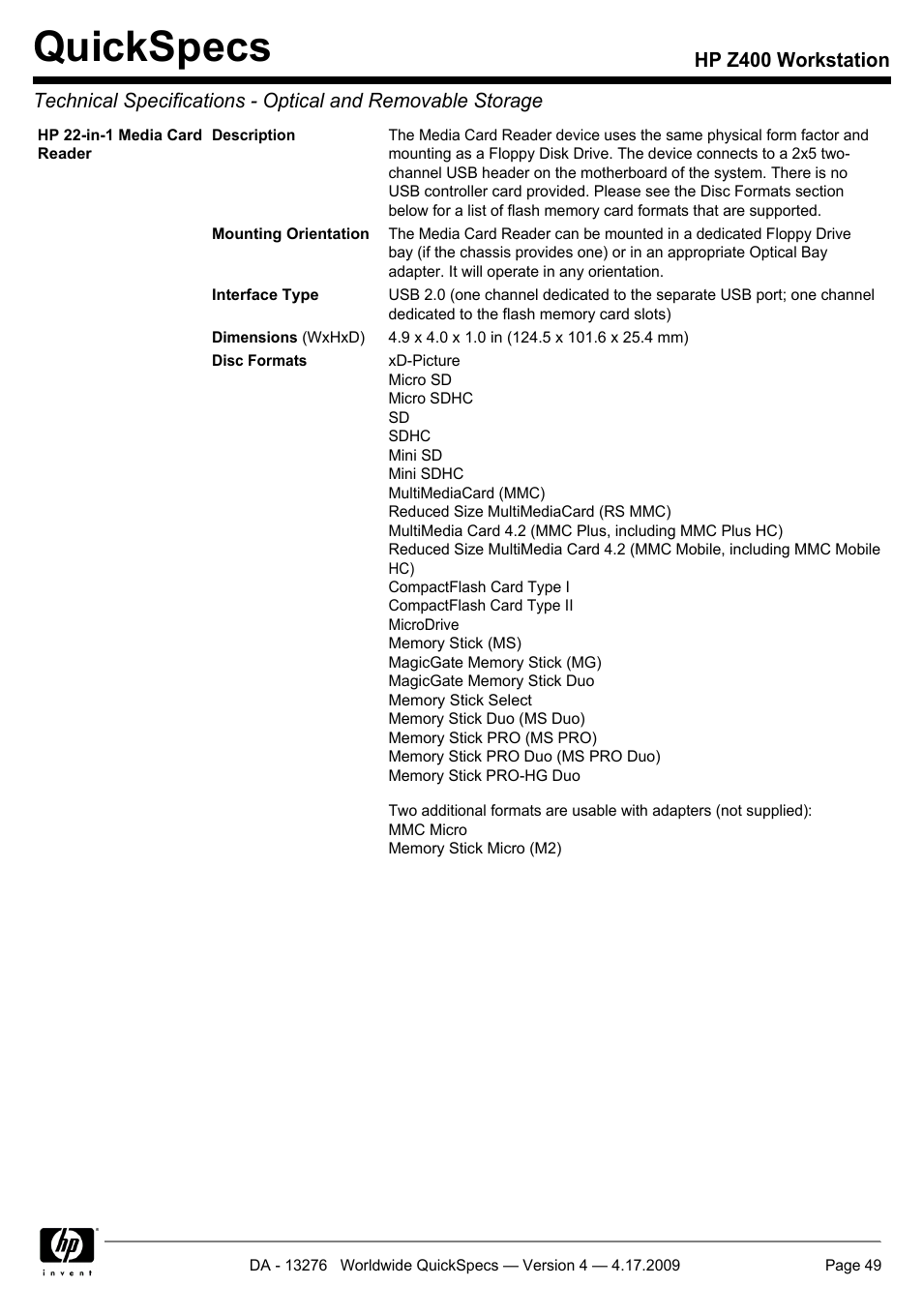 Quickspecs | HP WORKSTATION Z400 User Manual | Page 49 / 53