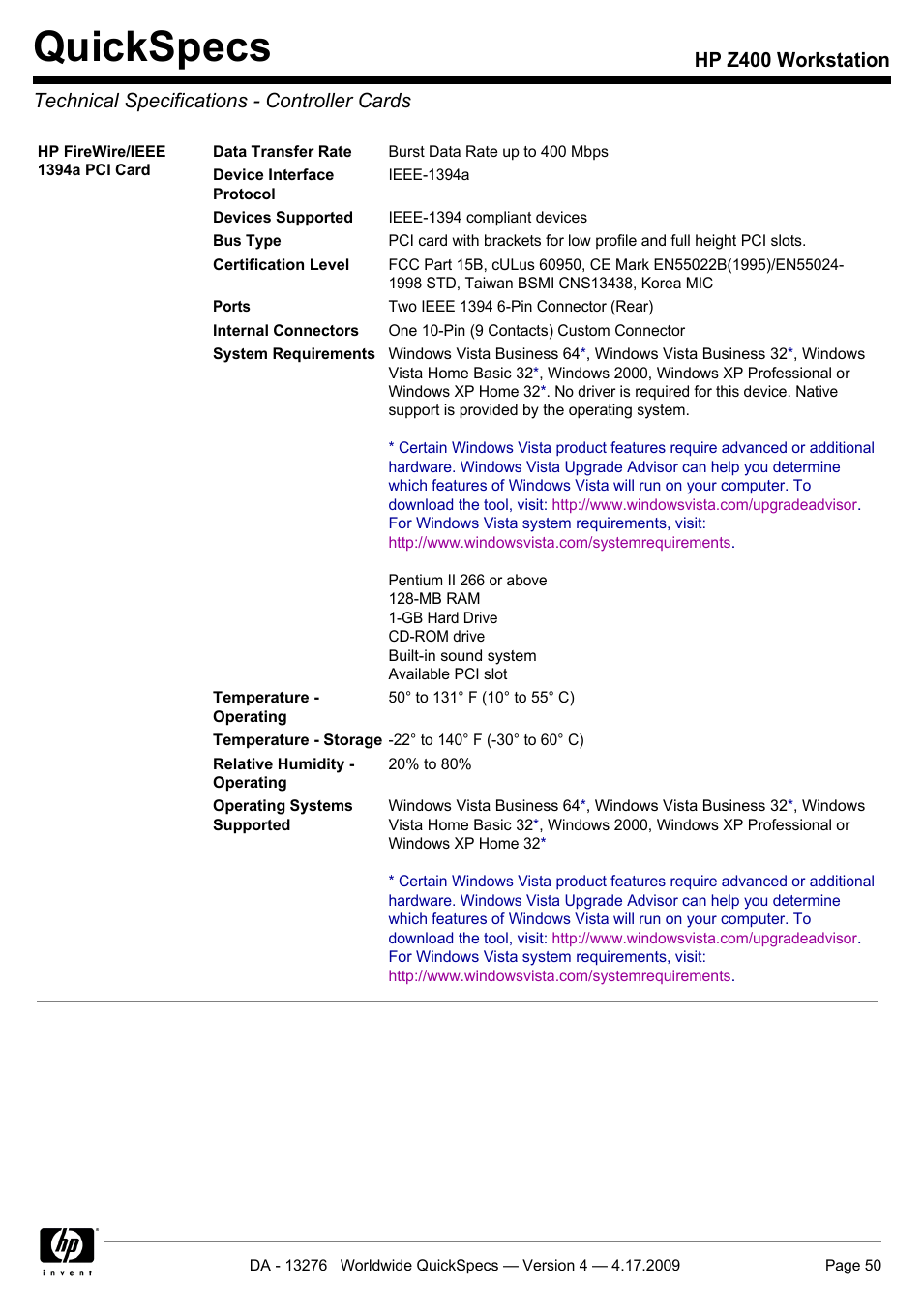 Technical specifications - controller cards, Quickspecs | HP WORKSTATION Z400 User Manual | Page 50 / 53