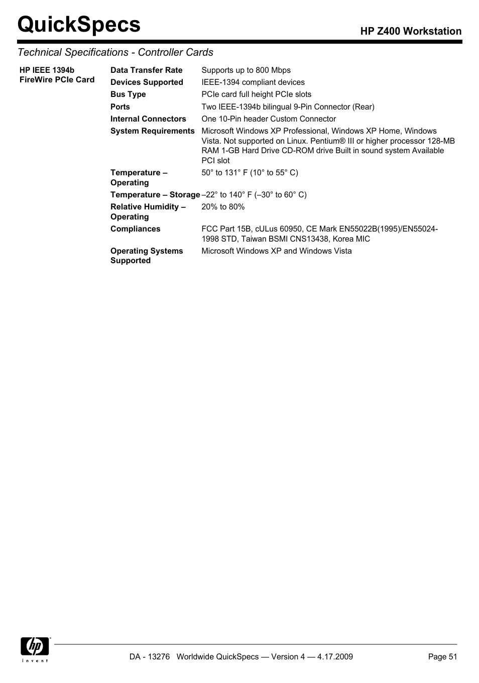 Quickspecs | HP WORKSTATION Z400 User Manual | Page 51 / 53