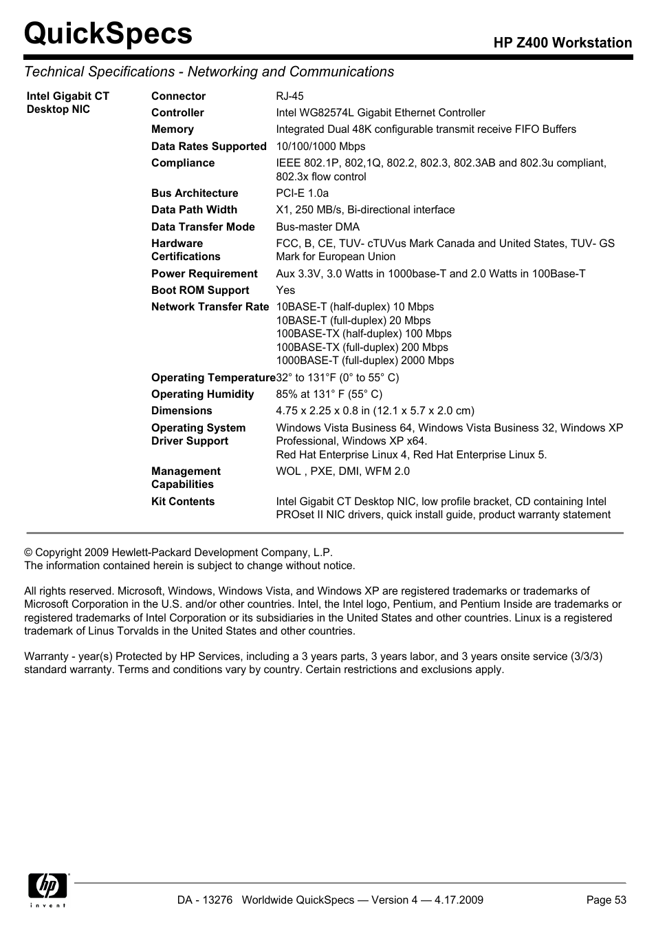 Quickspecs | HP WORKSTATION Z400 User Manual | Page 53 / 53