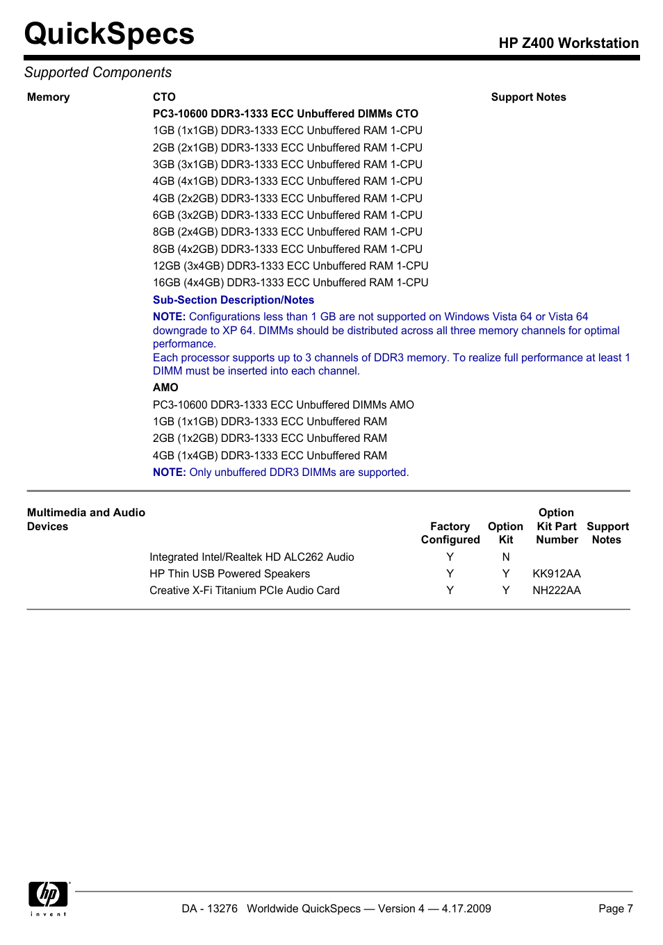 Quickspecs, Hp z400 workstation supported components | HP WORKSTATION Z400 User Manual | Page 7 / 53