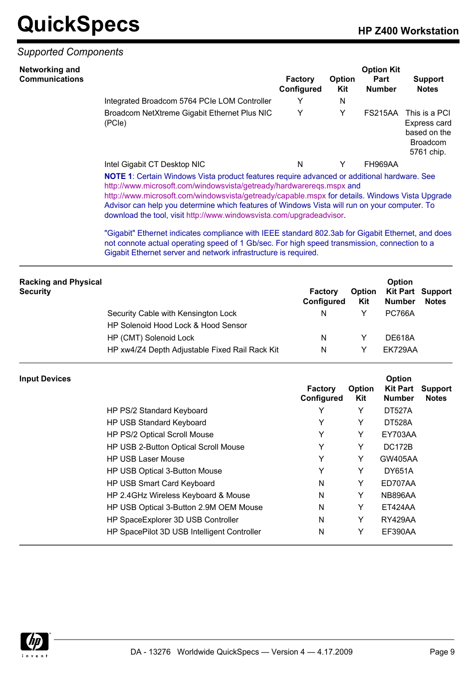 Quickspecs, Hp z400 workstation supported components | HP WORKSTATION Z400 User Manual | Page 9 / 53