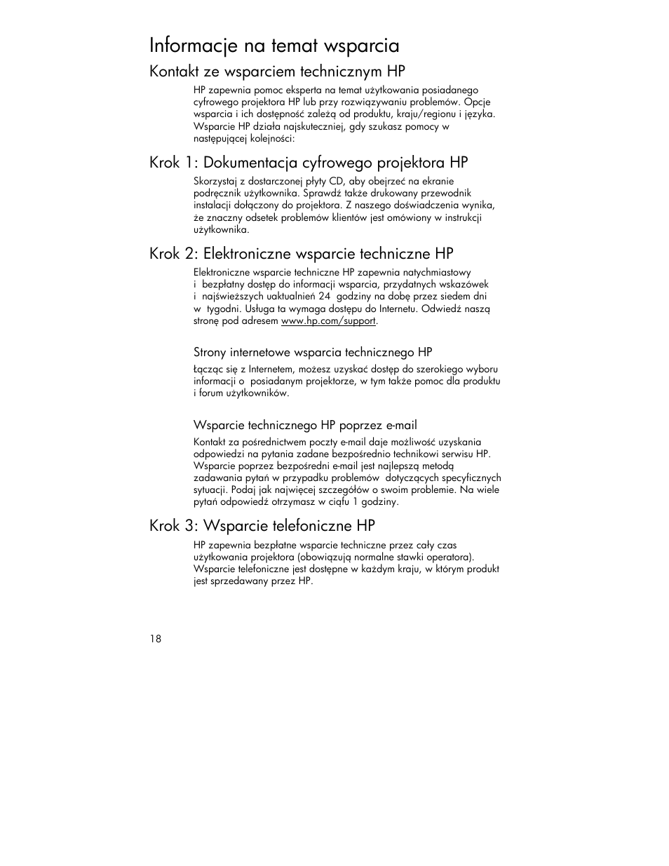 Informacje na temat wsparcia, Kontakt ze wsparciem technicznym hp, Krok 1: dokumentacja cyfrowego projektora hp | Krok 2: elektroniczne wsparcie techniczne hp, Krok 3: wsparcie telefoniczne hp | HP 4752 User Manual | Page 18 / 38