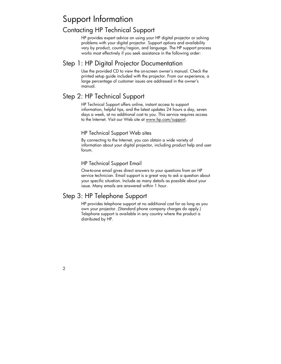 Support information, Contacting hp technical support, Step 1: hp digital projector documentation | Step 2: hp technical support, Step 3: hp telephone support | HP 4752 User Manual | Page 2 / 38