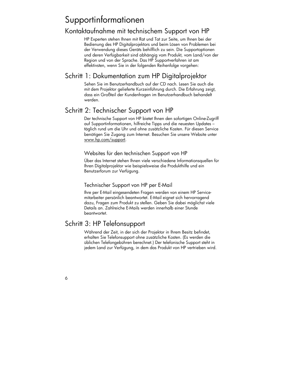 Supportinformationen, Kontaktaufnahme mit technischem support von hp, Schritt 1: dokumentation zum hp digitalprojektor | Schritt 2: technischer support von hp, Schritt 3: hp telefonsupport | HP 4752 User Manual | Page 6 / 38