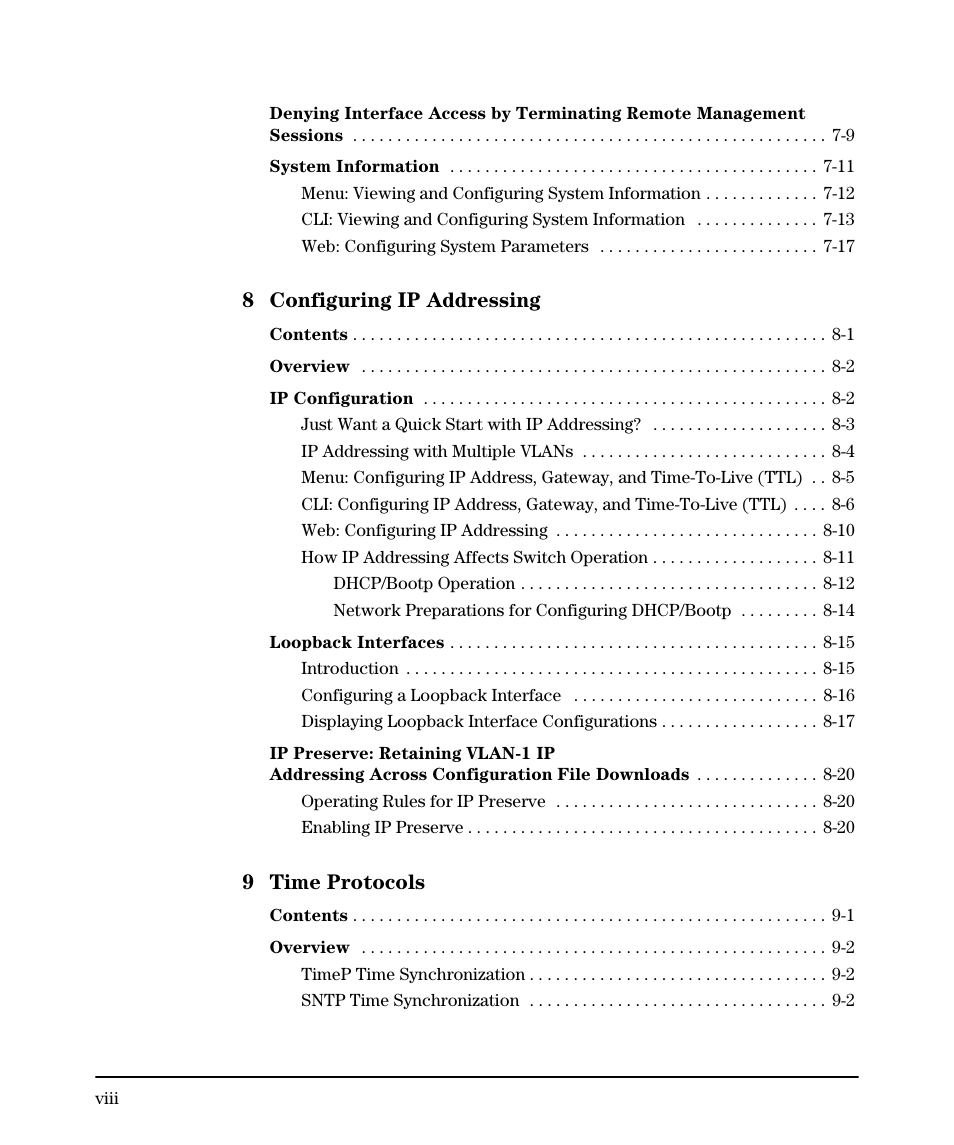 8 configuring ip addressing, 9 time protocols | HP 2910AL User Manual | Page 10 / 618