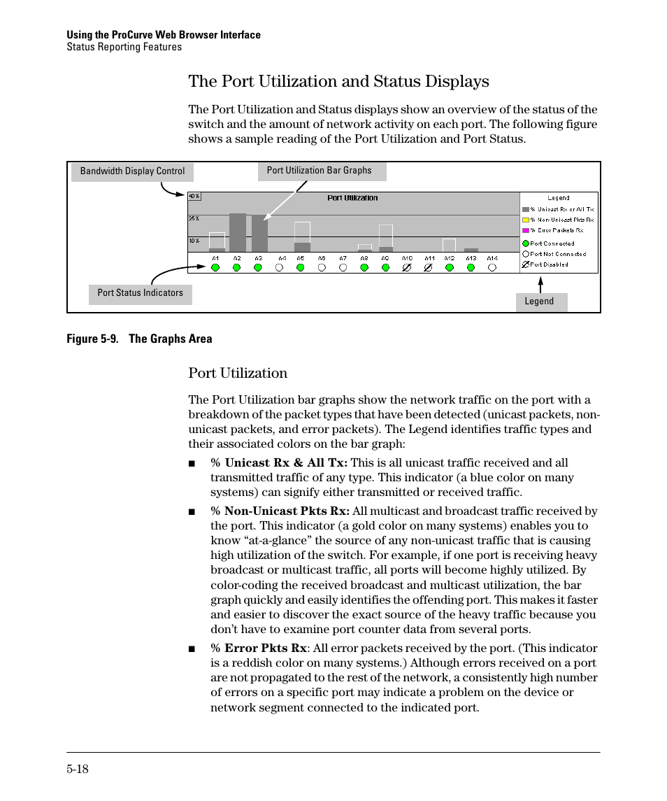 The port utilization and status displays, Port utilization, The port utilization and status displays -18 | Port utilization -18, The port utilization and status displays -17, Port utilization -17 | HP 2910AL User Manual | Page 100 / 618