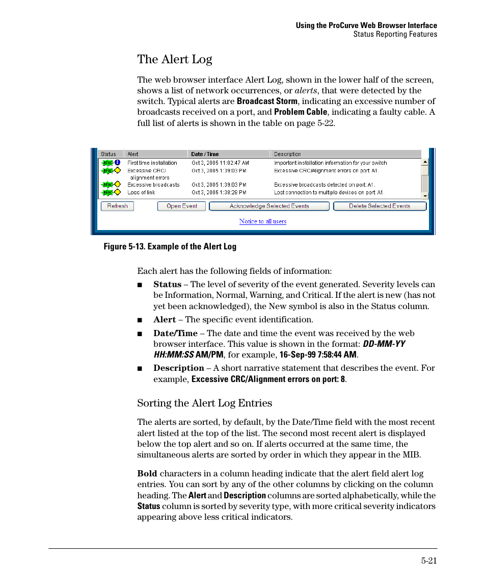 The alert log, Sorting the alert log entries, The alert log -21 | Sorting the alert log entries -21, The alert log -20, Sorting the alert log entries -20 | HP 2910AL User Manual | Page 103 / 618