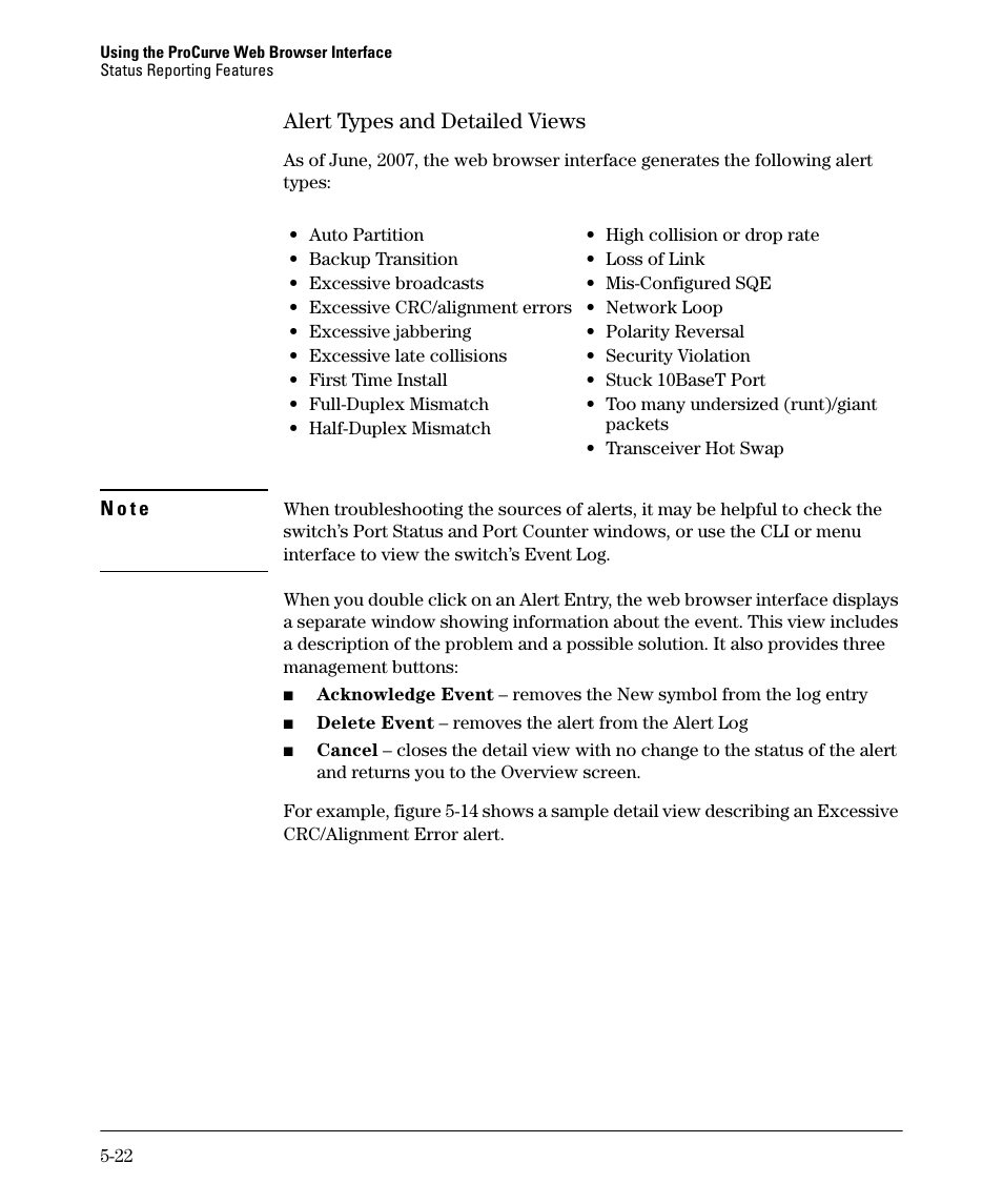 Alert types and detailed views, Alert types and detailed views -22, Alert types and detailed views -21 | HP 2910AL User Manual | Page 104 / 618