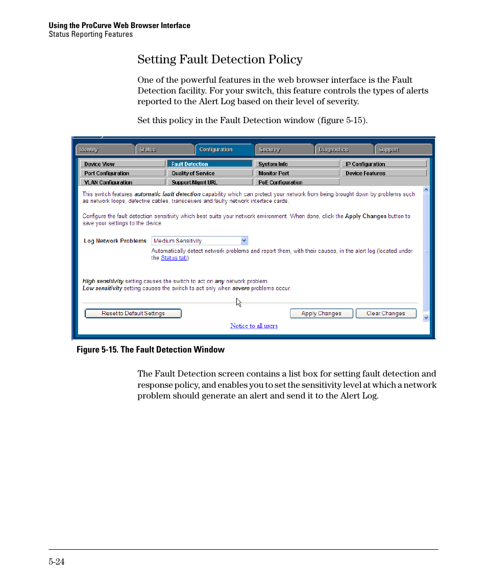 Setting fault detection policy, Setting fault detection policy -24, Setting fault detection policy -23 | HP 2910AL User Manual | Page 106 / 618