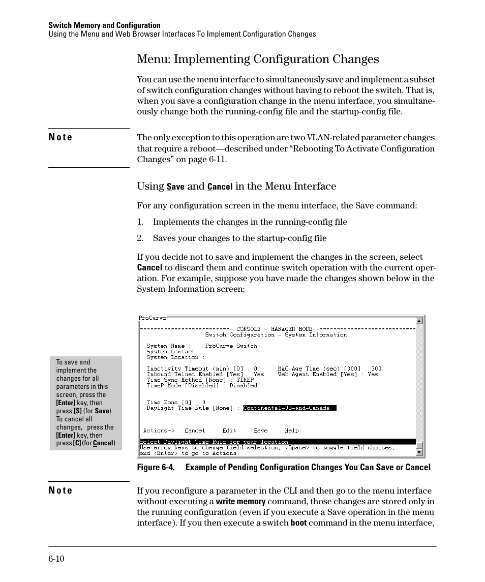 Menu: implementing configuration changes, Using save and cancel in the menu interface, Menu: implementing configuration changes -10 | Using save and cancel in the menu interface -10 | HP 2910AL User Manual | Page 118 / 618