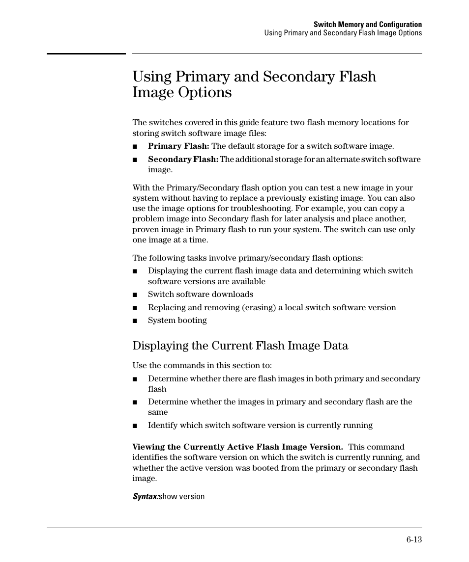 Using primary and secondary flash image options, Displaying the current flash image data, Displaying the current flash image data -13 | HP 2910AL User Manual | Page 121 / 618