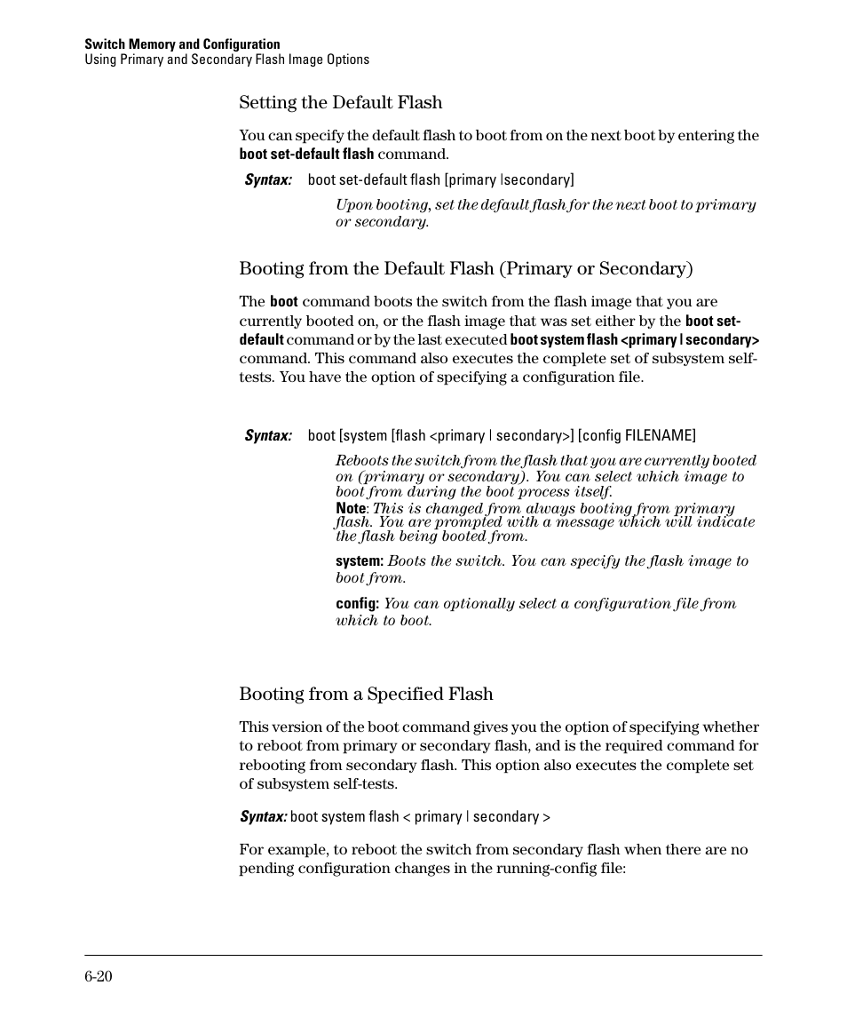 Setting the default flash, Booting from a specified flash, Setting the default flash -20 | Booting from a specified flash -20 | HP 2910AL User Manual | Page 128 / 618