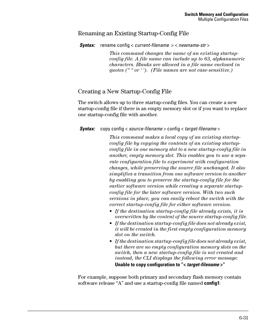 Renaming an existing startup-config file, Creating a new startup-config file, Renaming an existing startup-config file -31 | Creating a new startup-config file -31 | HP 2910AL User Manual | Page 139 / 618