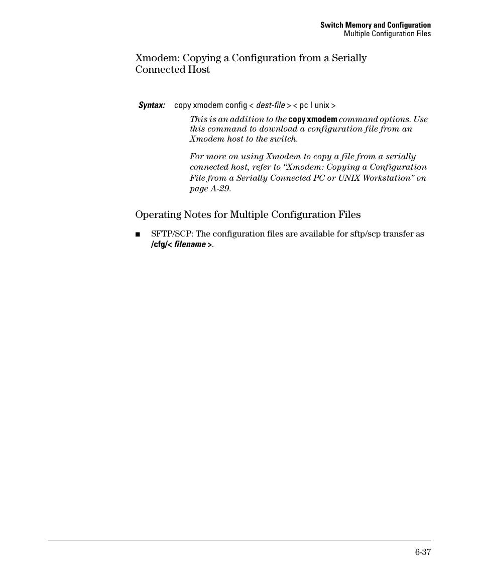 Operating notes for multiple configuration files, Xmodem: copying a configuration from a serially, Connected host -37 | HP 2910AL User Manual | Page 145 / 618