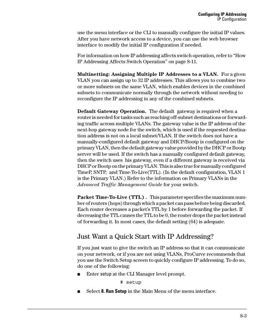 Just want a quick start with ip addressing, Just want a quick start with ip addressing? -3 | HP 2910AL User Manual | Page 167 / 618