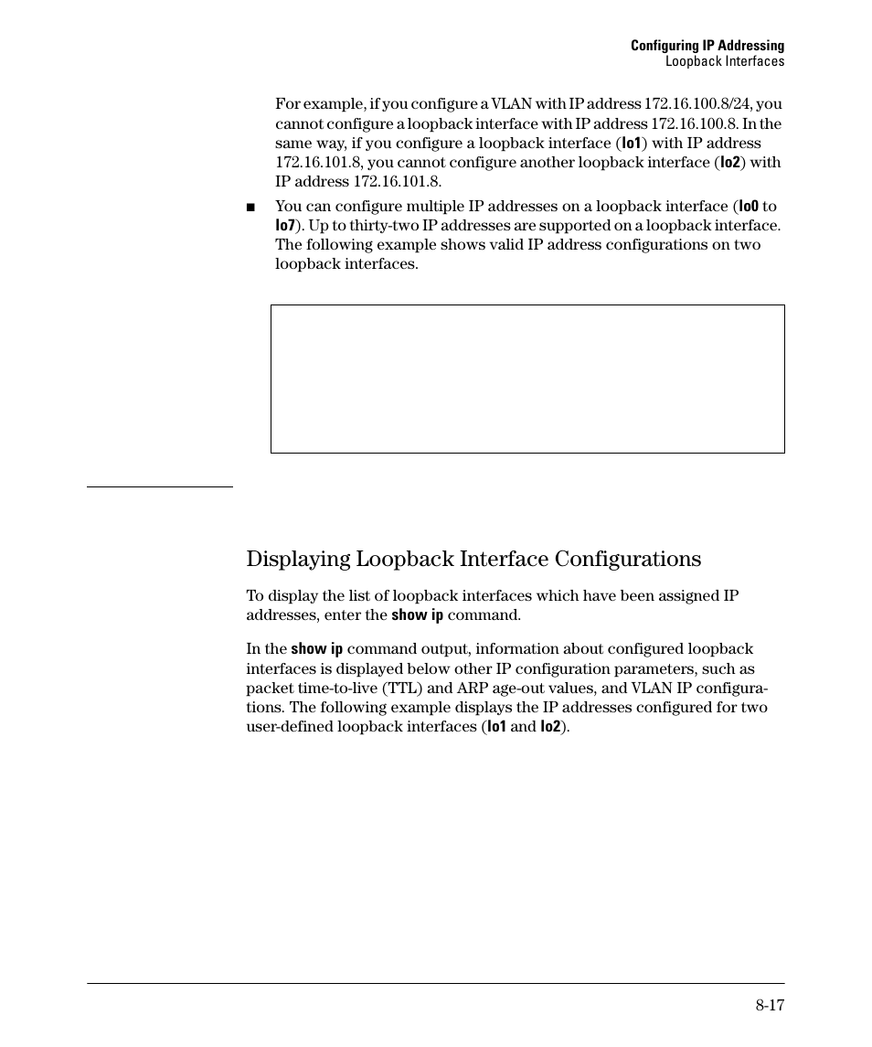 Displaying loopback interface configurations, Displaying loopback interface configurations -17 | HP 2910AL User Manual | Page 181 / 618