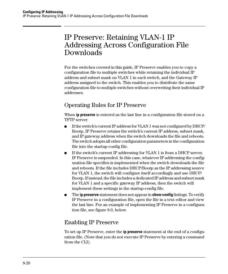 Operating rules for ip preserve, Enabling ip preserve, Operating rules for ip preserve -20 | Enabling ip preserve -20 | HP 2910AL User Manual | Page 184 / 618