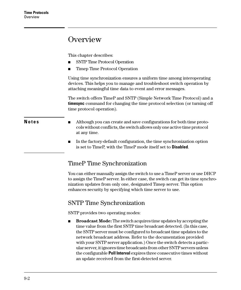 Overview, Timep time synchronization, Sntp time synchronization | Timep time synchronization -2, Sntp time synchronization -2 | HP 2910AL User Manual | Page 190 / 618