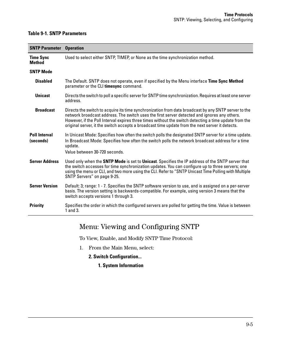 Menu: viewing and configuring sntp, Menu: viewing and configuring sntp -5 | HP 2910AL User Manual | Page 193 / 618