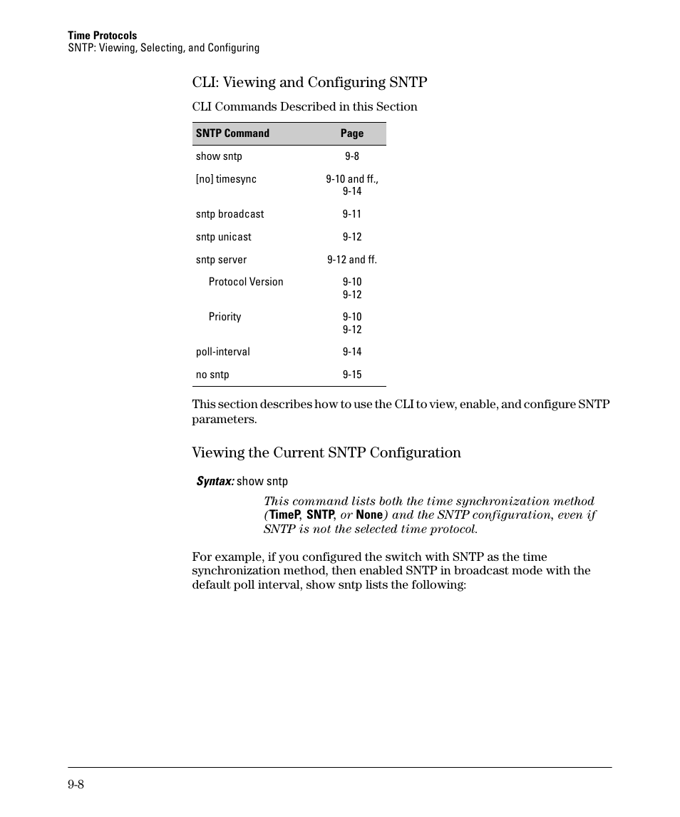 Cli: viewing and configuring sntp, Viewing the current sntp configuration, Cli: viewing and configuring sntp -8 | Viewing the current sntp configuration -8 | HP 2910AL User Manual | Page 196 / 618