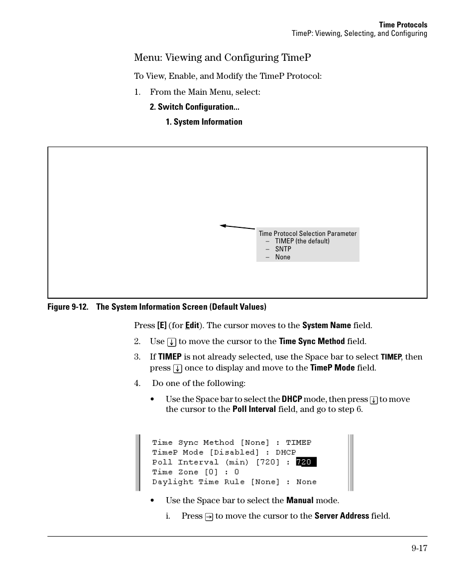 Menu: viewing and configuring timep, Menu: viewing and configuring timep -17 | HP 2910AL User Manual | Page 205 / 618