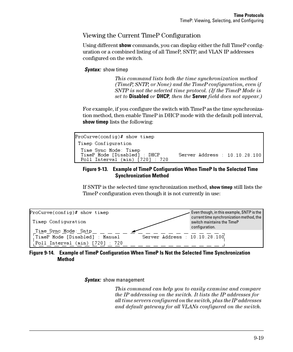 Viewing the current timep configuration, Viewing the current timep configuration -19 | HP 2910AL User Manual | Page 207 / 618