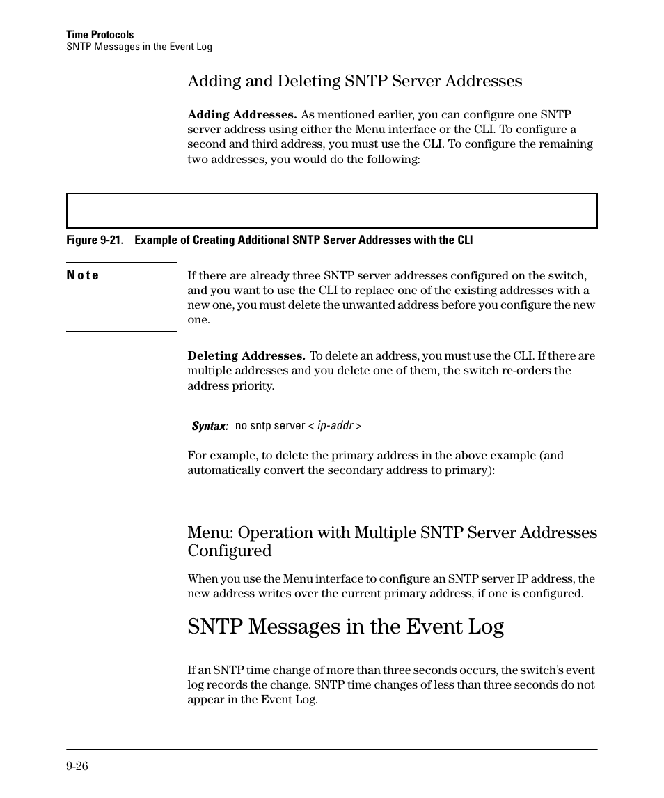 Adding and deleting sntp server addresses, Sntp messages in the event log, Adding and deleting sntp server addresses -26 | HP 2910AL User Manual | Page 214 / 618