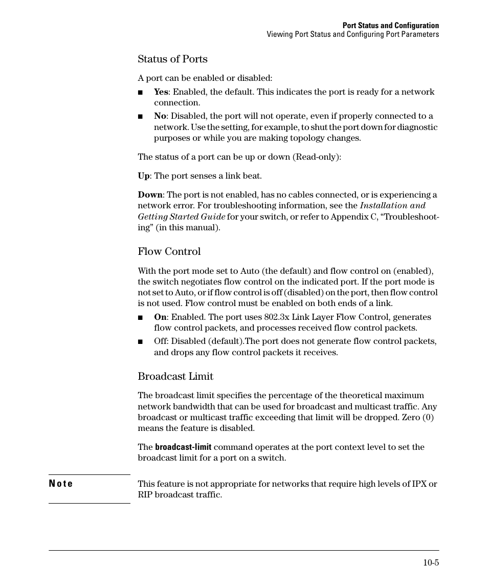 Status of ports, Flow control, Broadcast limit | Status of ports -5, Flow control -5, Broadcast limit -5 | HP 2910AL User Manual | Page 219 / 618