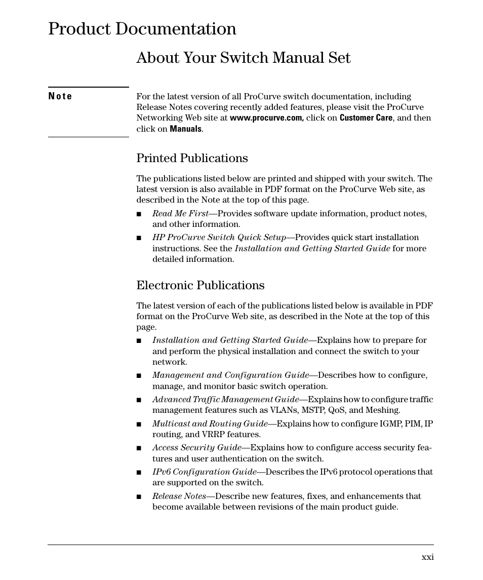 Product documentation, About your switch manual set, Printed publications | Electronic publications | HP 2910AL User Manual | Page 23 / 618