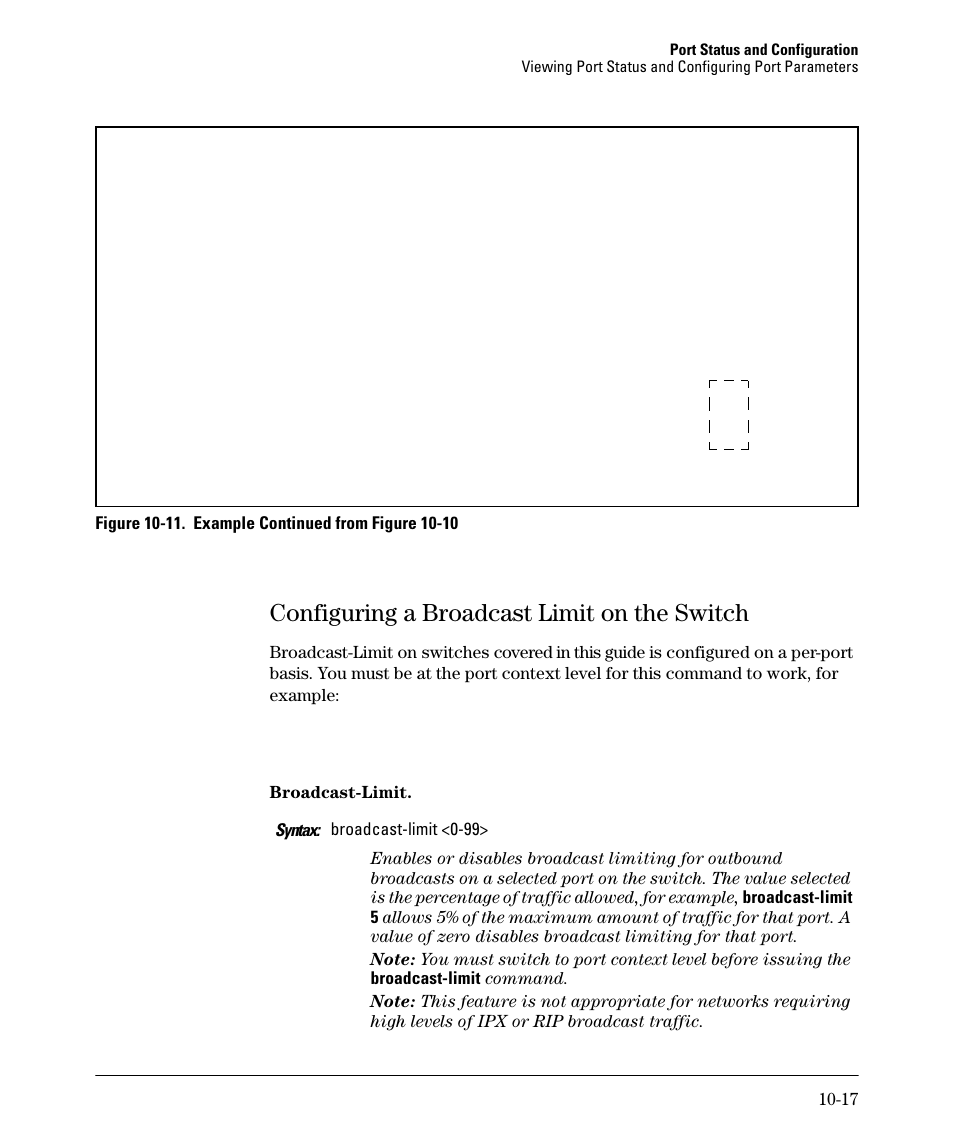 Configuring a broadcast limit on the switch, Configuring a broadcast limit on the switch -17 | HP 2910AL User Manual | Page 231 / 618