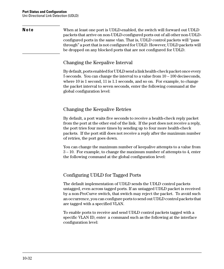 Changing the keepalive interval, Changing the keepalive retries, Configuring udld for tagged ports | Changing the keepalive interval -32, Changing the keepalive retries -32, Configuring udld for tagged ports -32 | HP 2910AL User Manual | Page 246 / 618