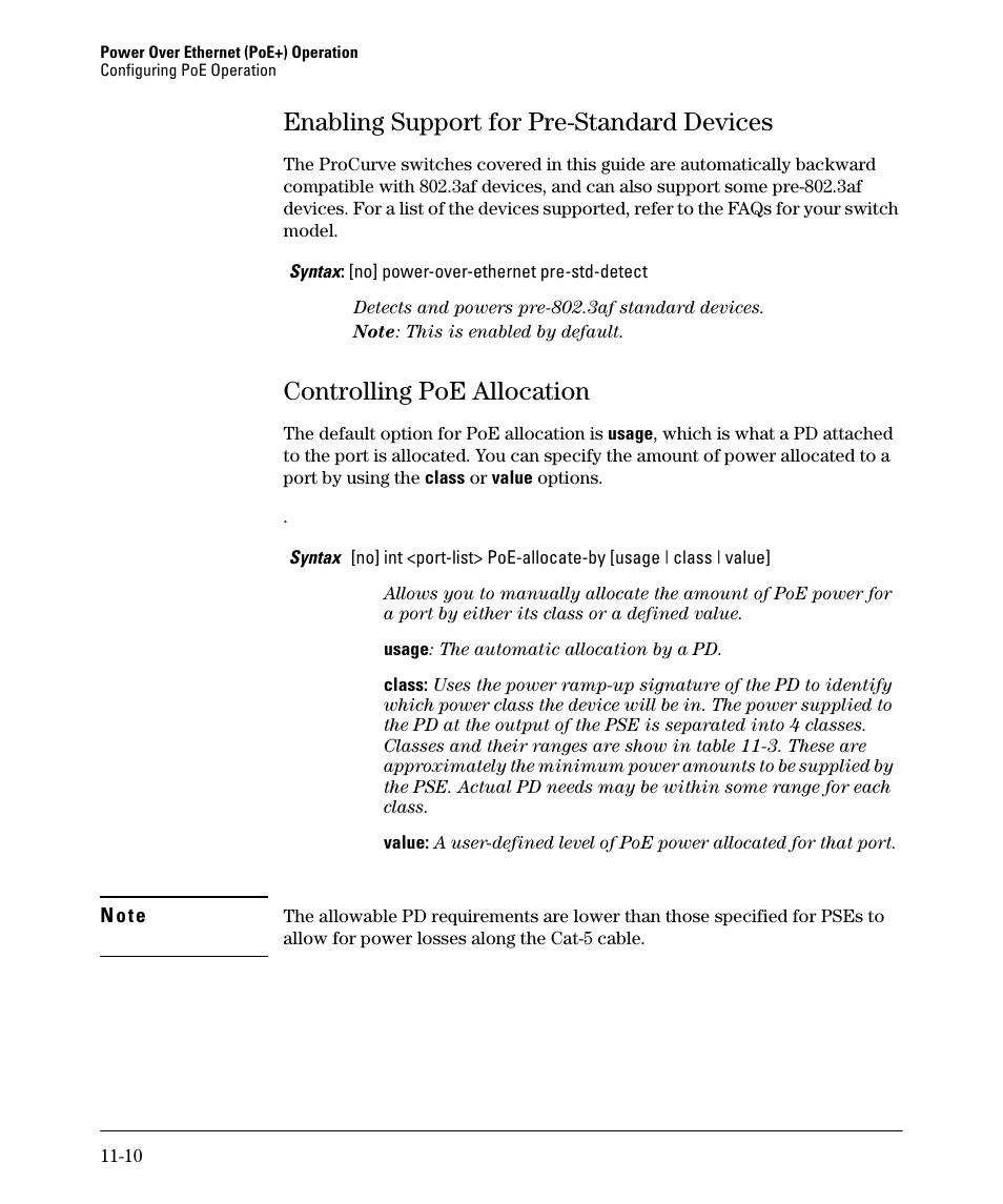 Enabling support for pre-standard devices, Controlling poe allocation, Enabling support for pre-standard devices -10 | Controlling poe allocation -10 | HP 2910AL User Manual | Page 260 / 618