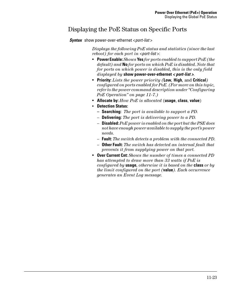 Displaying the poe status on specific ports, Displaying the poe status on specific ports -23 | HP 2910AL User Manual | Page 273 / 618