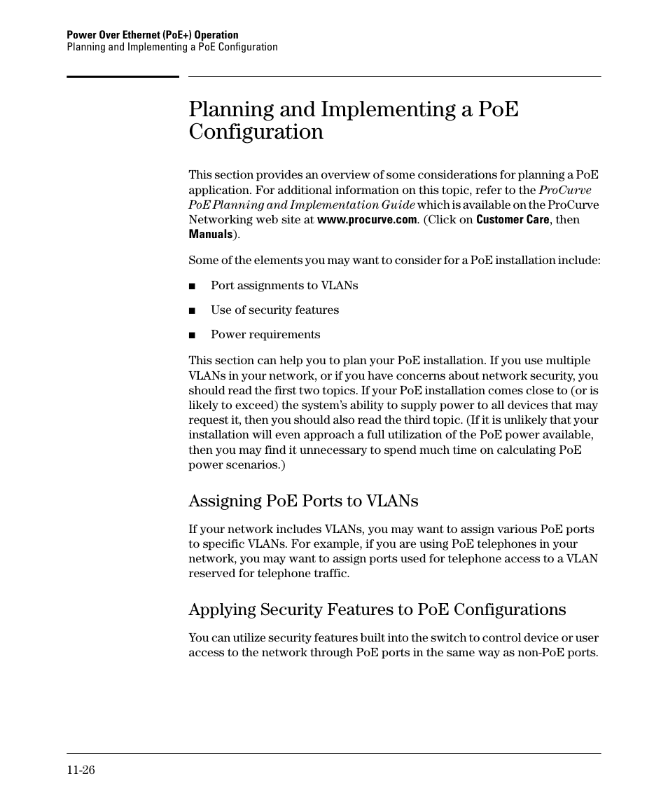 Planning and implementing a poe configuration, Assigning poe ports to vlans, Applying security features to poe configurations | Assigning poe ports to vlans -26 | HP 2910AL User Manual | Page 276 / 618