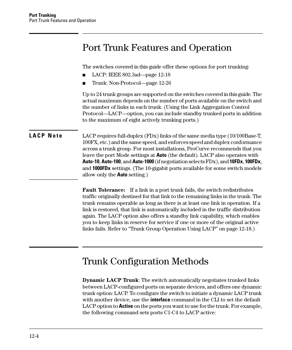 Port trunk features and operation, Trunk configuration methods | HP 2910AL User Manual | Page 284 / 618