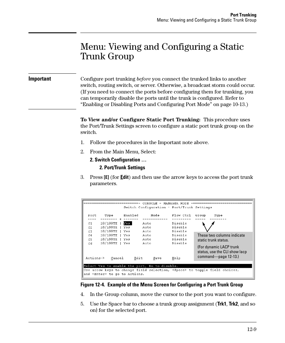 Menu: viewing and configuring a static trunk group | HP 2910AL User Manual | Page 289 / 618