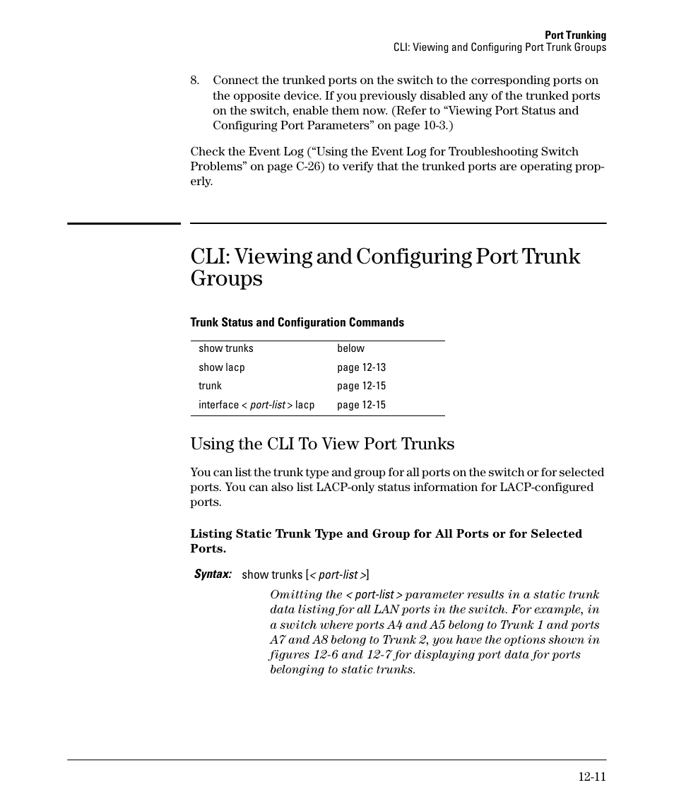 Cli: viewing and configuring port trunk groups, Using the cli to view port trunks, Using the cli to view port trunks -11 | HP 2910AL User Manual | Page 291 / 618
