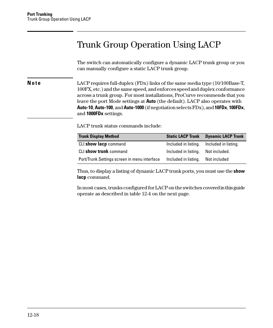 Trunk group operation using lacp | HP 2910AL User Manual | Page 298 / 618