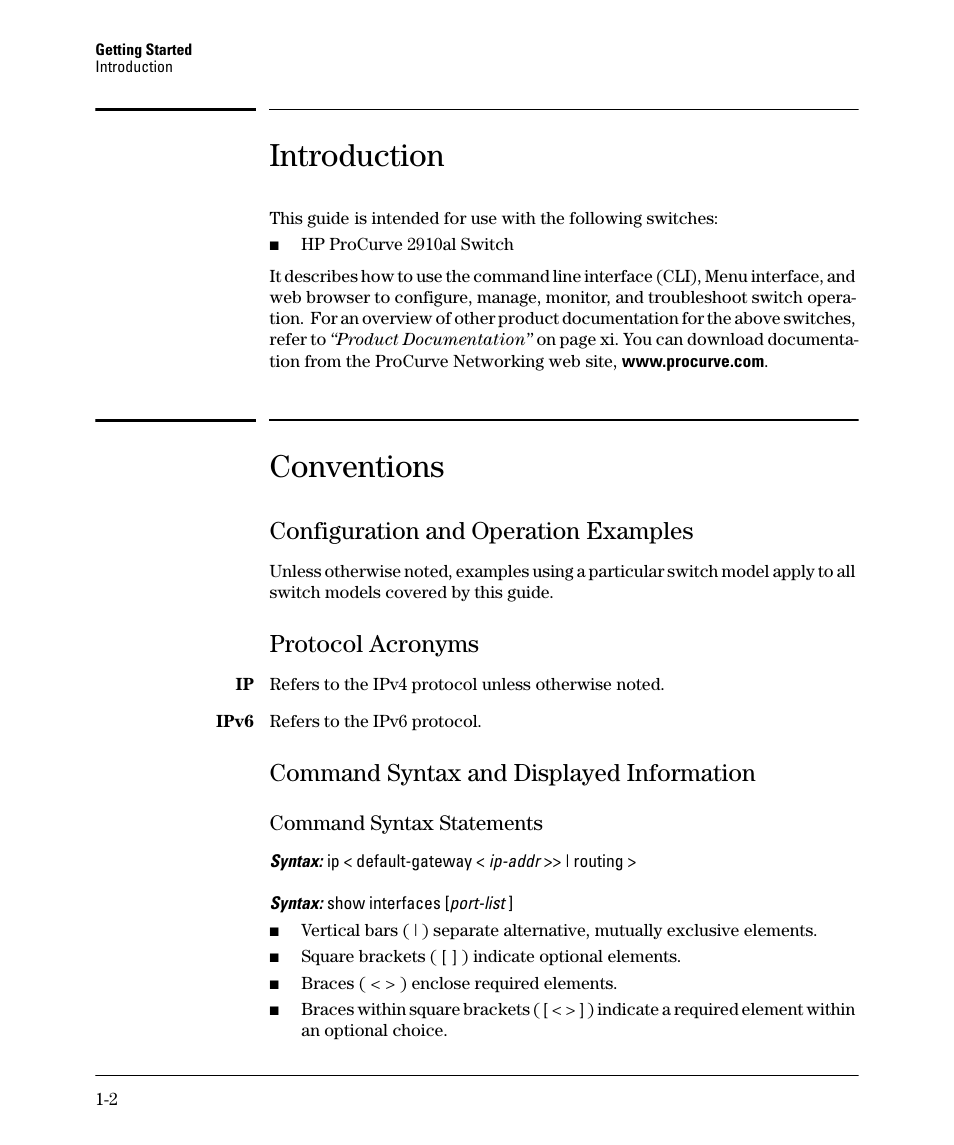 Introduction, Conventions, Configuration and operation examples | Protocol acronyms, Command syntax and displayed information, Command syntax statements, Configuration and operation examples -2, Protocol acronyms -2, Command syntax and displayed information -2, Command syntax statements -2 | HP 2910AL User Manual | Page 30 / 618