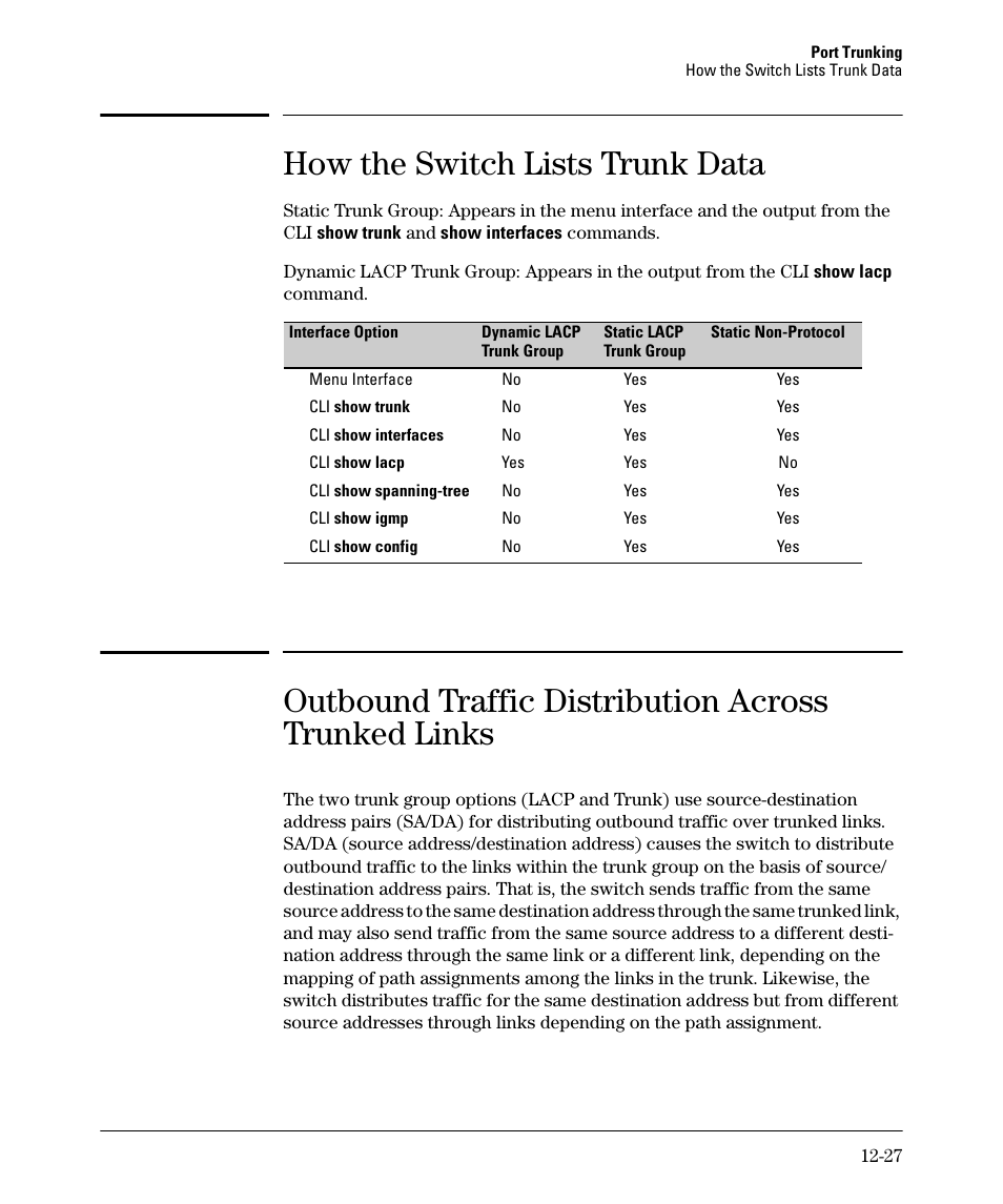 How the switch lists trunk data, Outbound traffic distribution across trunked links | HP 2910AL User Manual | Page 307 / 618