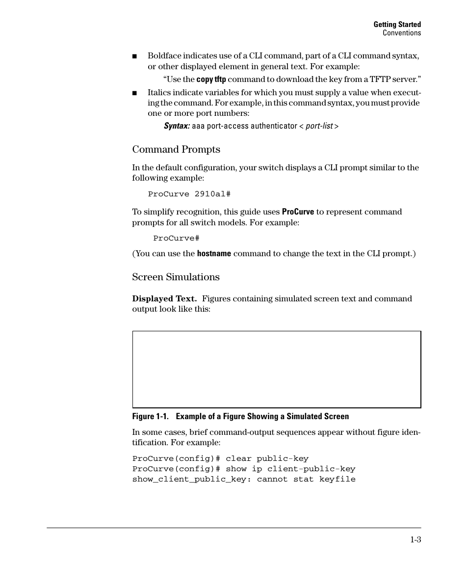 Command prompts, Screen simulations, Command prompts -3 | Screen simulations -3 | HP 2910AL User Manual | Page 31 / 618
