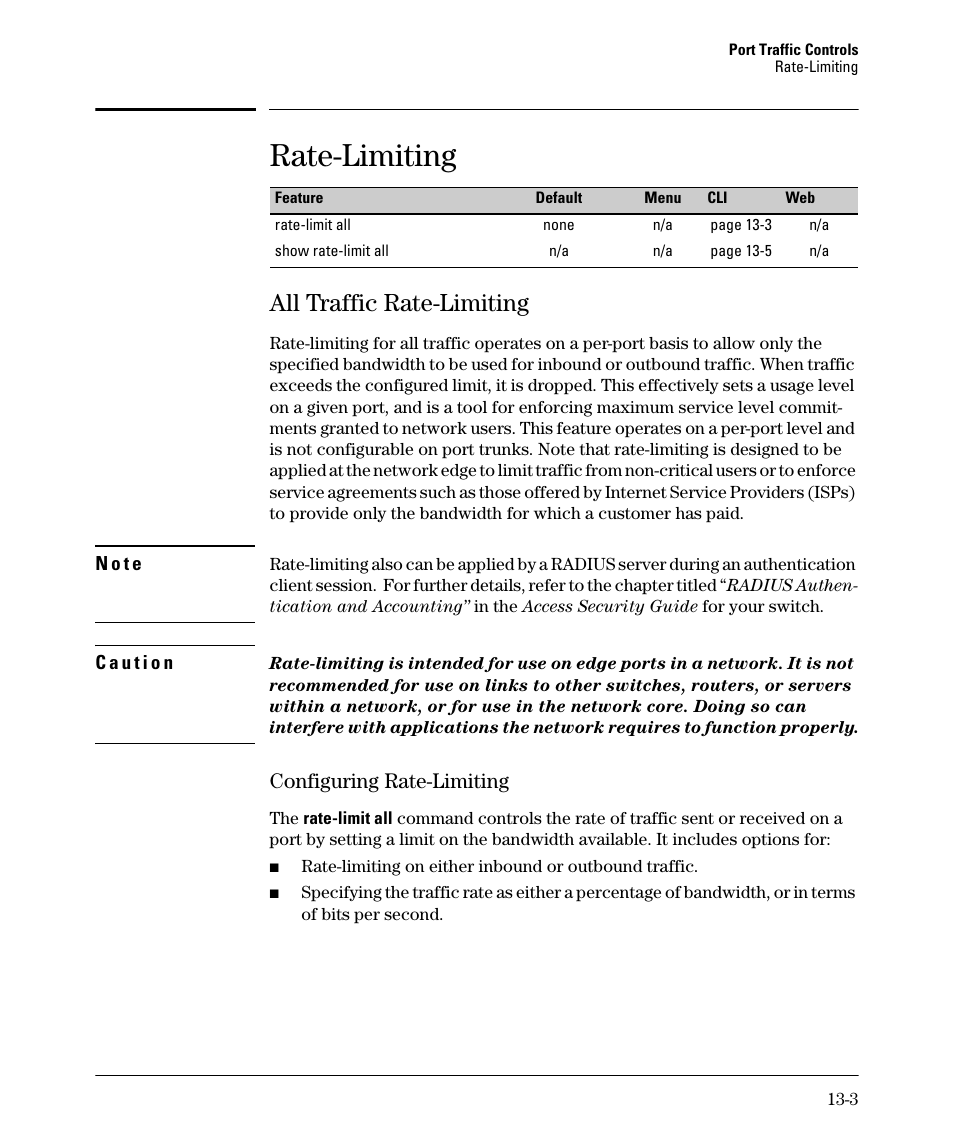 Rate-limiting, All traffic rate-limiting, Configuring rate-limiting | All traffic rate-limiting -3, Configuring rate-limiting -3 | HP 2910AL User Manual | Page 313 / 618