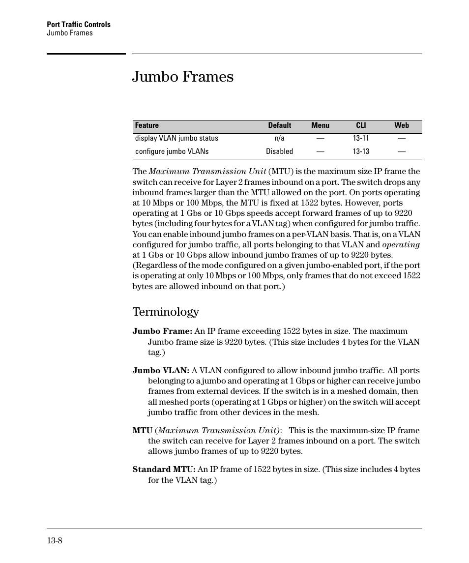 Jumbo frames, Terminology, Terminology -8 | HP 2910AL User Manual | Page 318 / 618