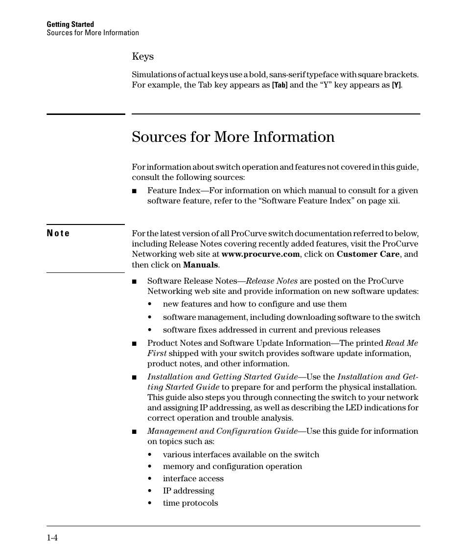 Keys, Sources for more information, Keys -4 | HP 2910AL User Manual | Page 32 / 618