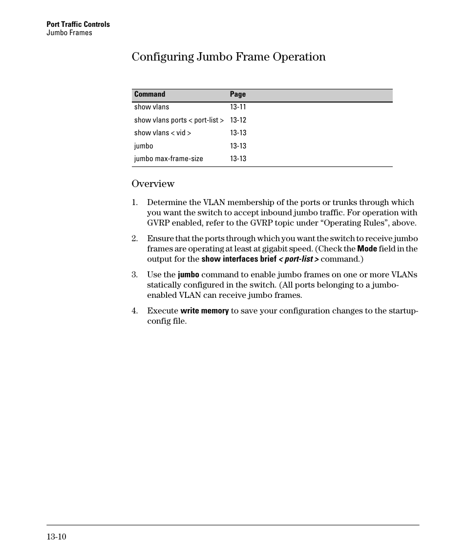 Configuring jumbo frame operation, Overview, Configuring jumbo frame operation -10 | Overview -10 | HP 2910AL User Manual | Page 320 / 618