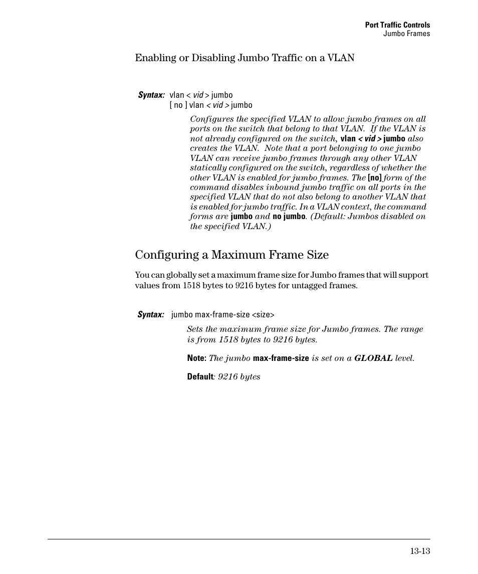 Enabling or disabling jumbo traffic on a vlan, Configuring a maximum frame size, Enabling or disabling jumbo traffic on a vlan -13 | Configuring a maximum frame size -13 | HP 2910AL User Manual | Page 323 / 618